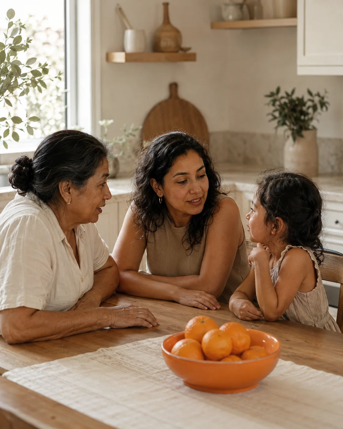 Three generations of family talking together at a wooden kitchen table with a bowl of oranges