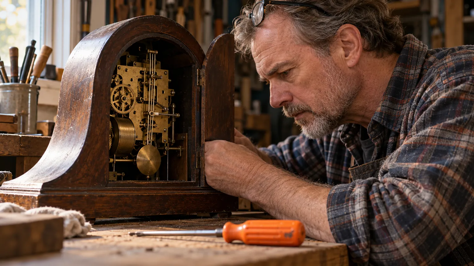 A man in his mid-fifties stands at a wooden garage workbench in profile, looking into the open back of a vintage mantel clock in soft morning window light, an orange-handled screwdriver on the bench.