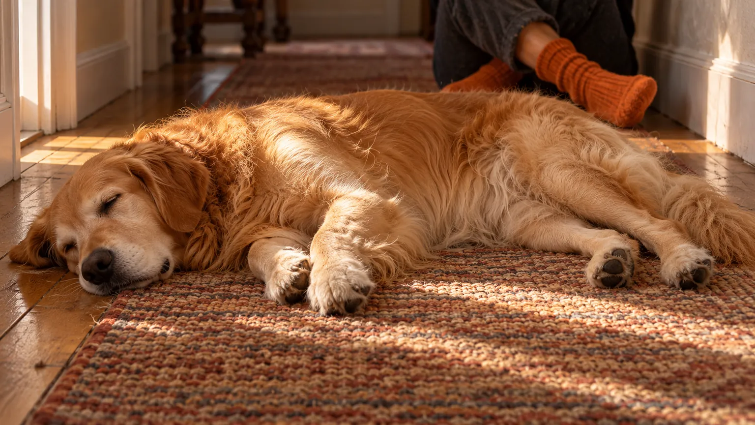 A golden retriever asleep on its side on a wool hallway runner in a patch of morning sun, with a person in orange socks sitting nearby.