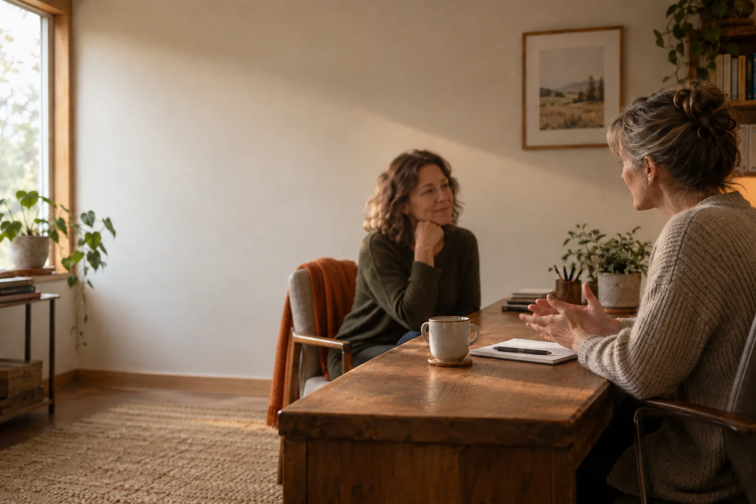 A physician at a desk studying a patient's open treatment plan beside a calendar of empty weeks between two appointments in warm morning light