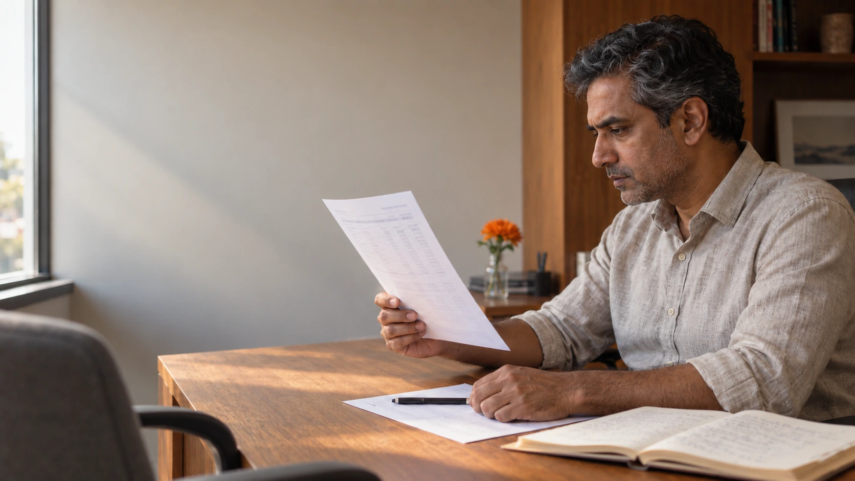 A clinician sits across from a patient in a consult room, writing on a paper chart, with warm morning light through the window blinds.