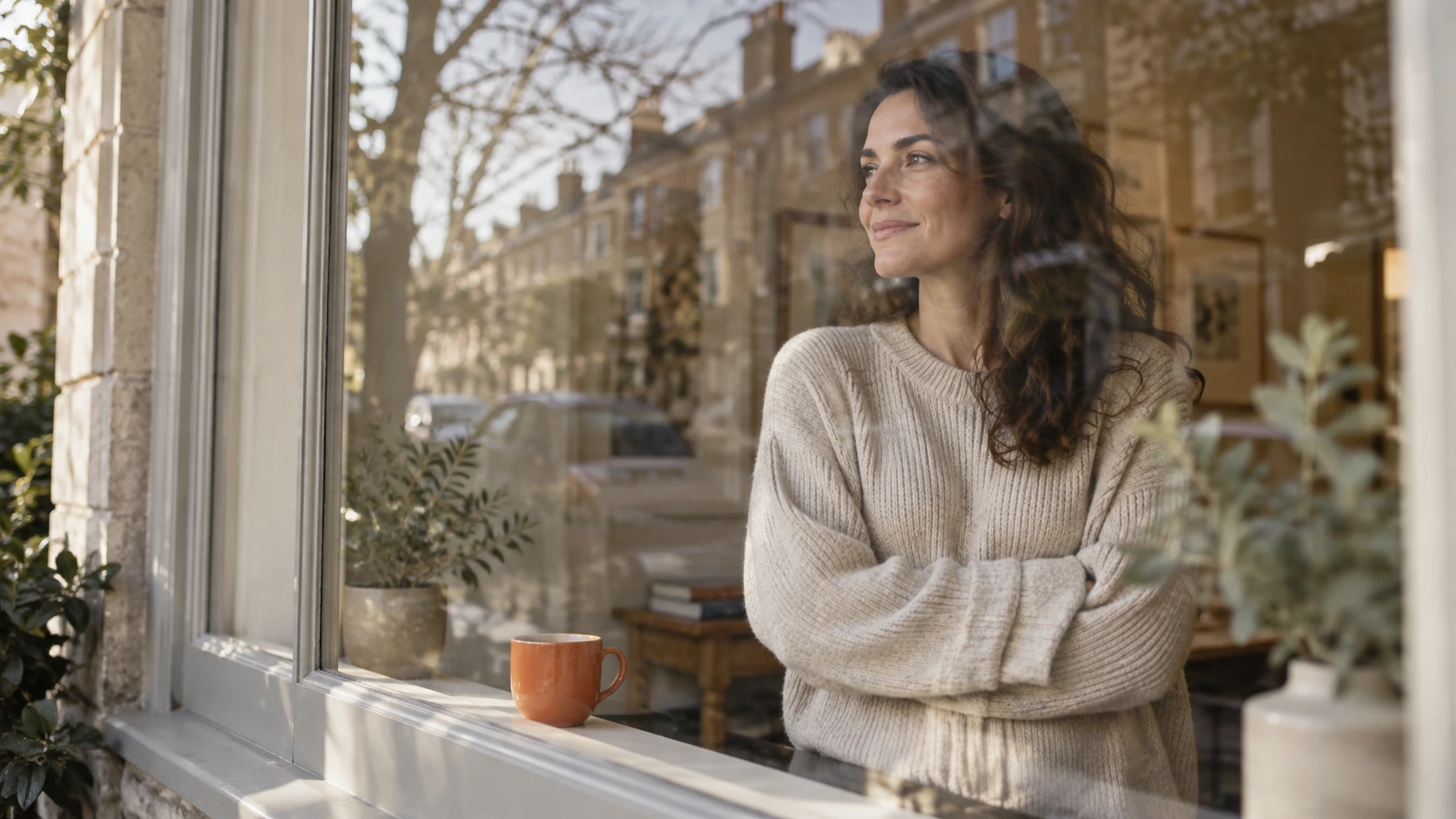 A clinician sitting across from a patient at a follow-up visit, an open chart on the desk between them, warm morning light coming through the office window.
