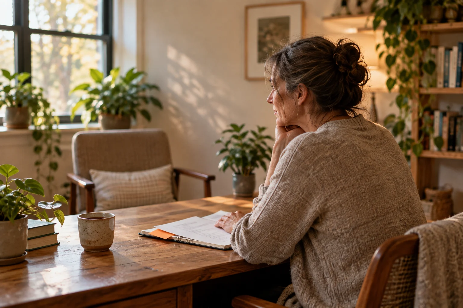 A naturopathic clinician reviewing a patient chart at a desk by a window in warm morning light, an unfinished treatment plan open in front of her.