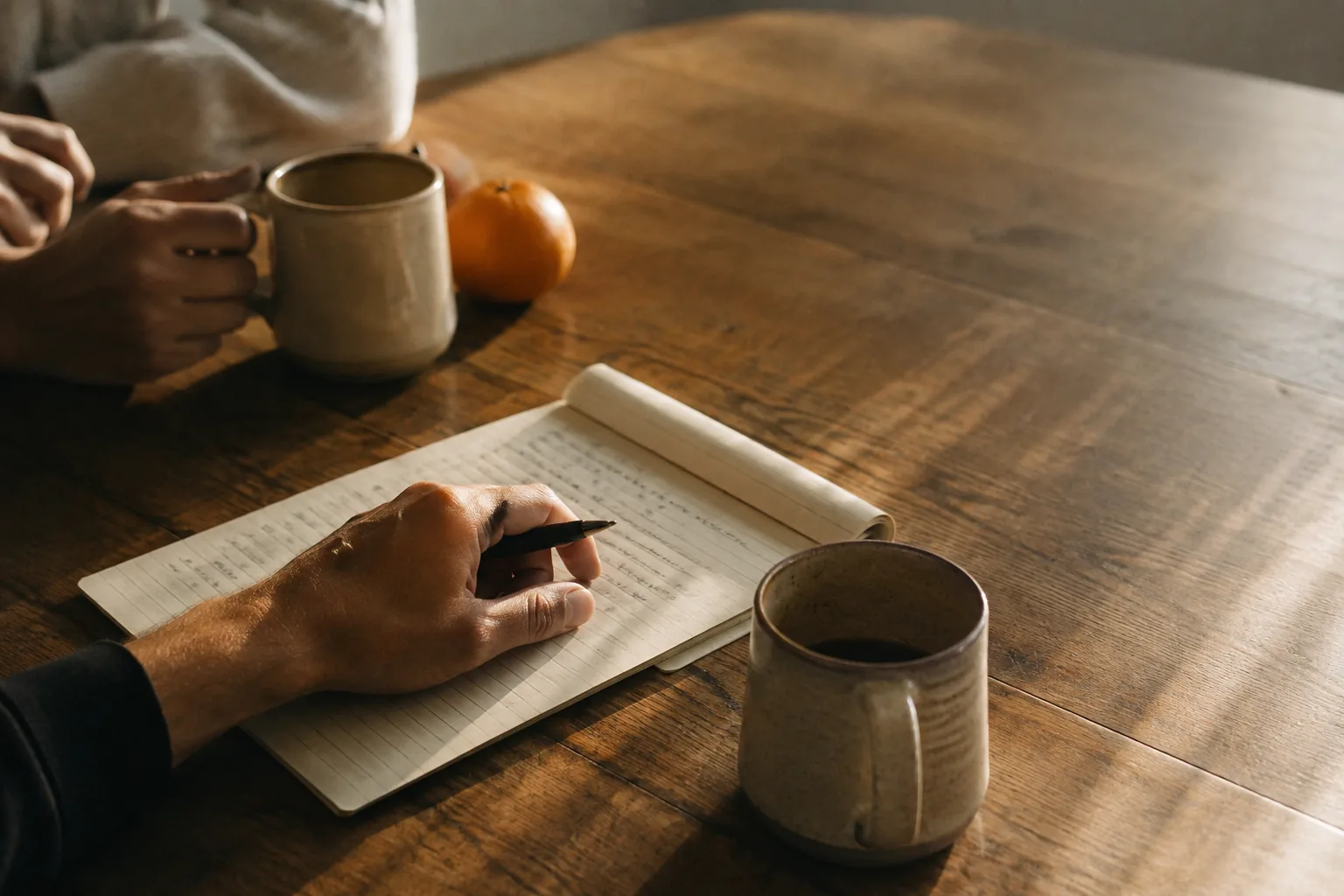 Two people sitting across a small table in warm morning light, one listening and taking notes while the other talks, calm and unhurried