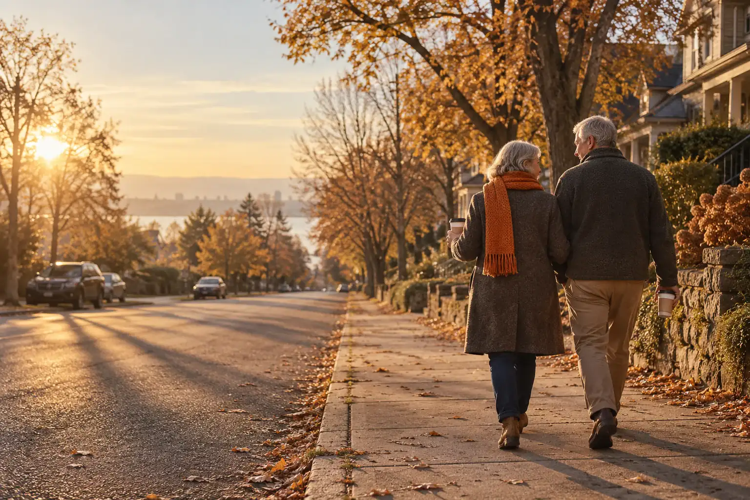 An older couple walking an autumn sidewalk at sunrise with coffee in hand, one wearing an orange scarf.