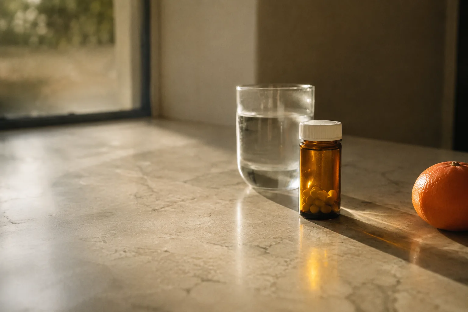 An unmade bed with white linen sheets in a quiet bedroom, warm morning light coming through a gap in the curtains, a closed amber pill bottle on the nightstand