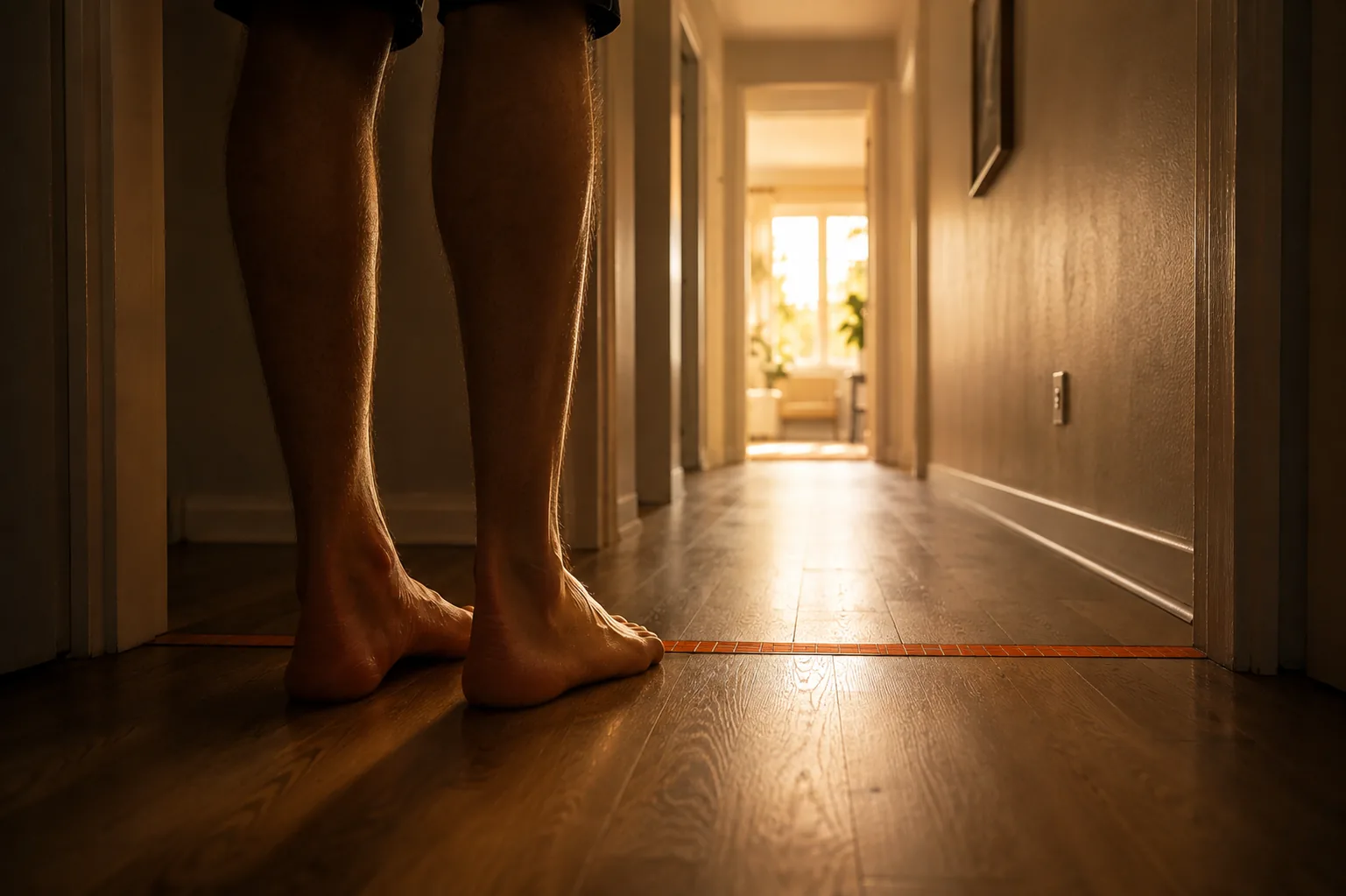 A long hallway viewed from floor level, cool dim light in the foreground, warm morning light through a doorway ahead, a thin clementine orange accent at the threshold.