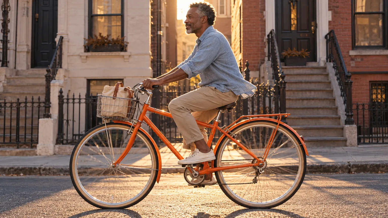 A man in his early fifties riding an upright orange city bike slowly down a quiet neighborhood lane at sunrise, seen from the side.
