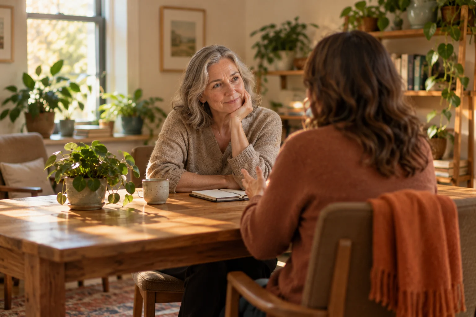 A menopause-care provider reviewing notes with a patient across a desk in warm morning light, both leaning into the conversation.