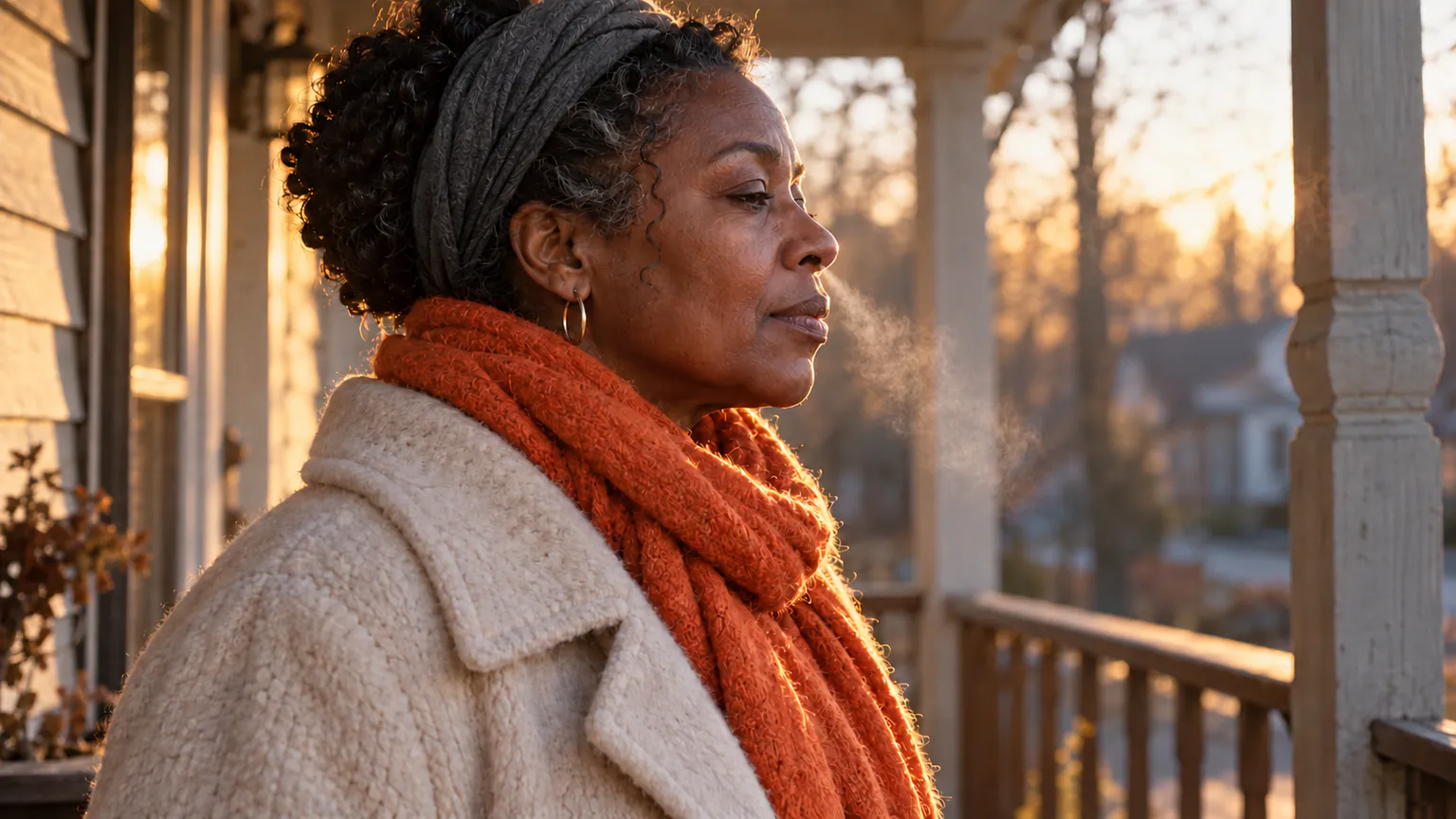A woman in her fifties stands on a frosty wooden front porch at dawn, mouth gently closed, a soft breath cloud drifting from her nose, wearing a cream wool coat and a clementine scarf.