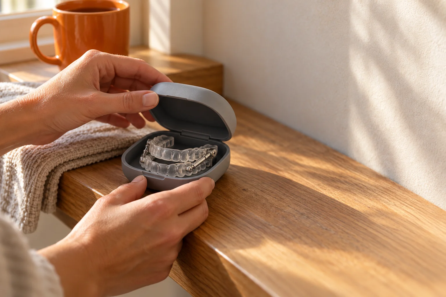 Hands opening a case holding a clear two-piece sleep apnea mouth guard on a sunlit wooden shelf.