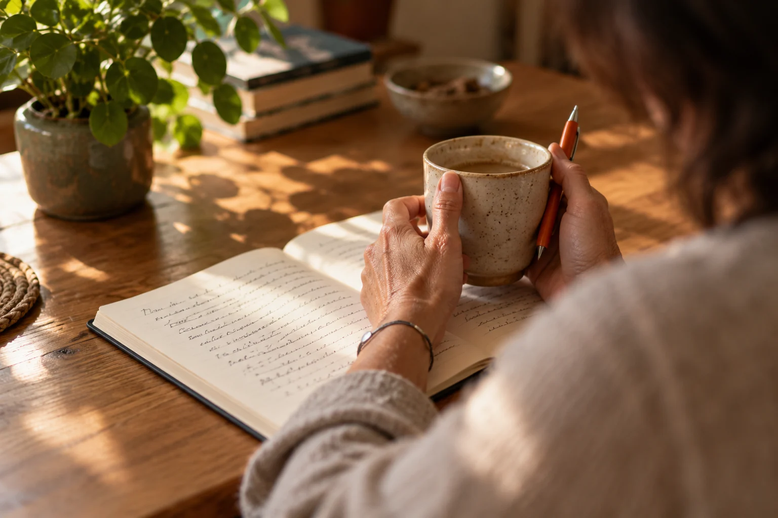 A clinician reviewing handwritten treatment-plan notes with a patient across a desk in warm morning light