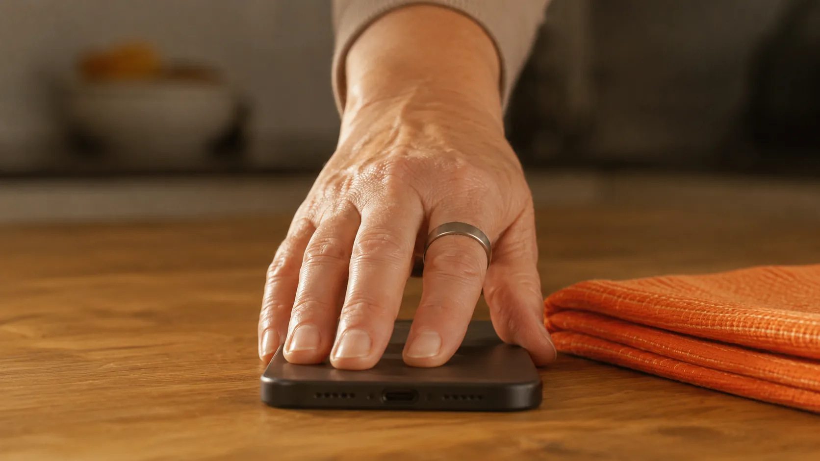 A hand wearing a smart ring resting on a phone on a wooden kitchen counter in morning light