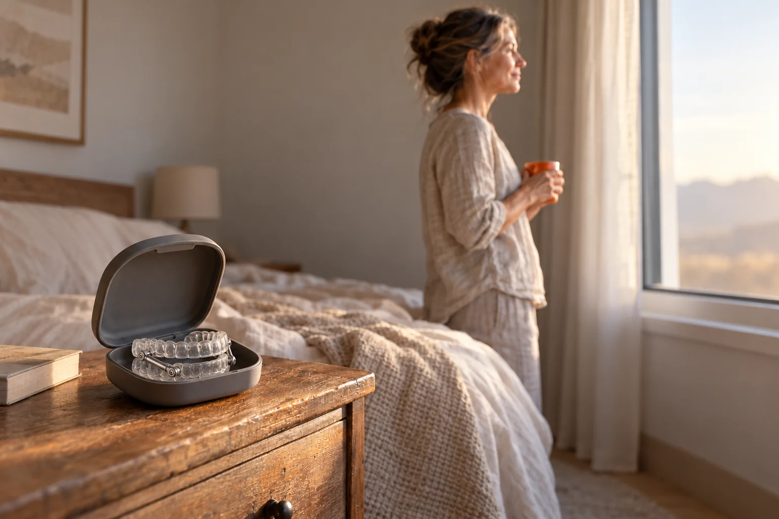 A woman holding a warm mug by a sunlit window, her custom sleep apnea mouth guard resting open in its case on the nightstand.