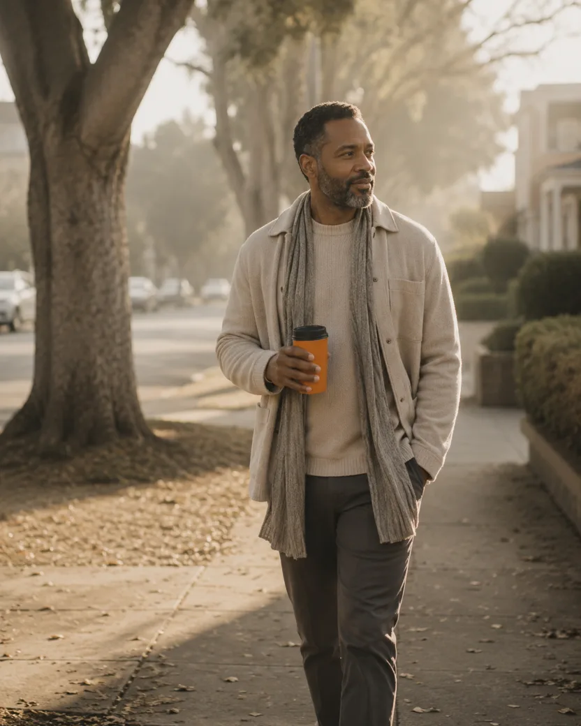 A man walking on a tree-lined sidewalk in early morning light holding a coffee cup