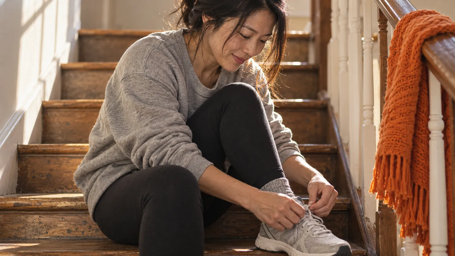 A woman in her early forties sits on the lower steps of a wooden staircase in morning sun, tying a sneaker, with a folded orange throw over the banister.