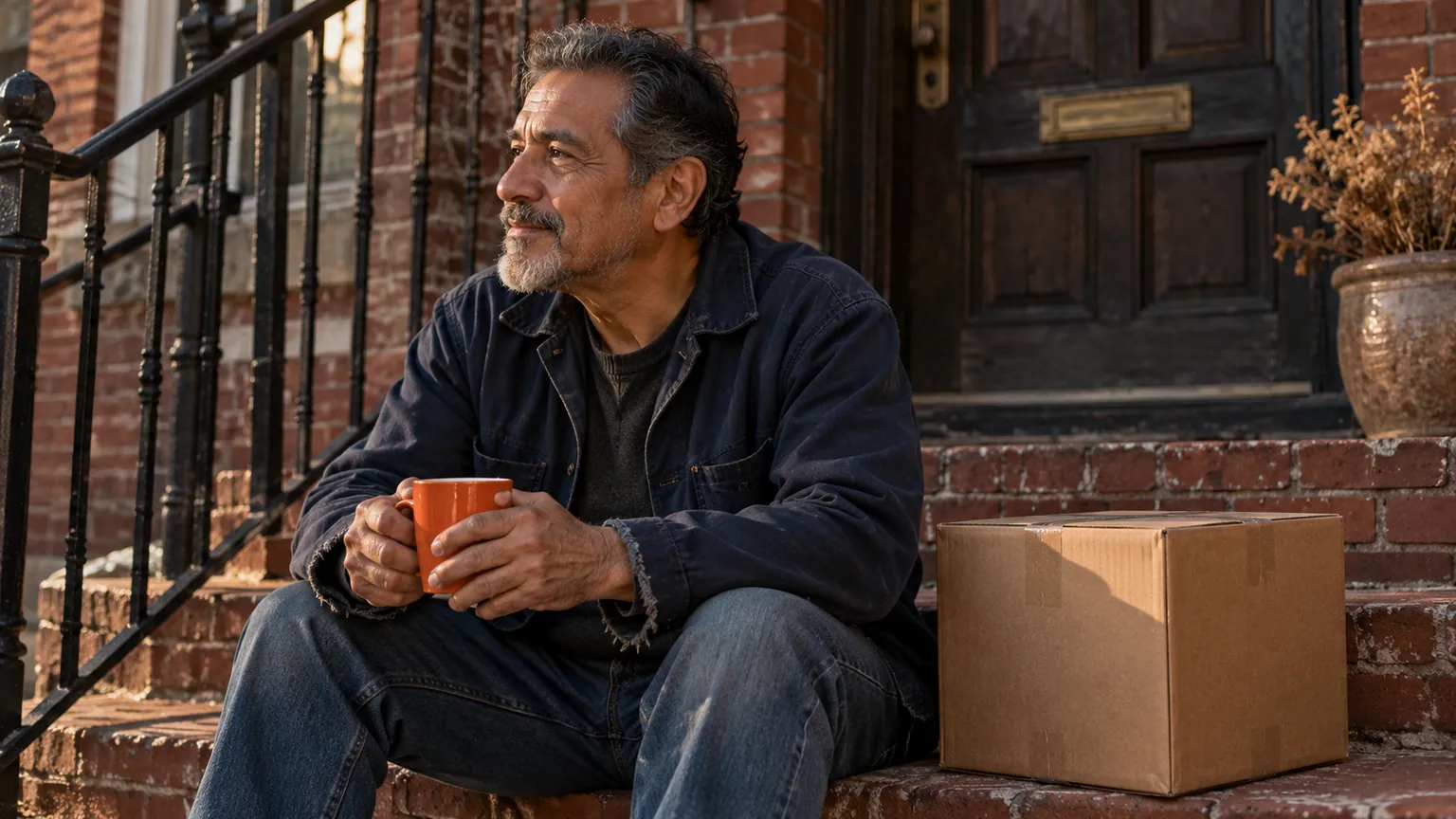 A man in his early sixties sits on brick front steps in soft morning light, holding a mug, with a plain cardboard parcel beside him.