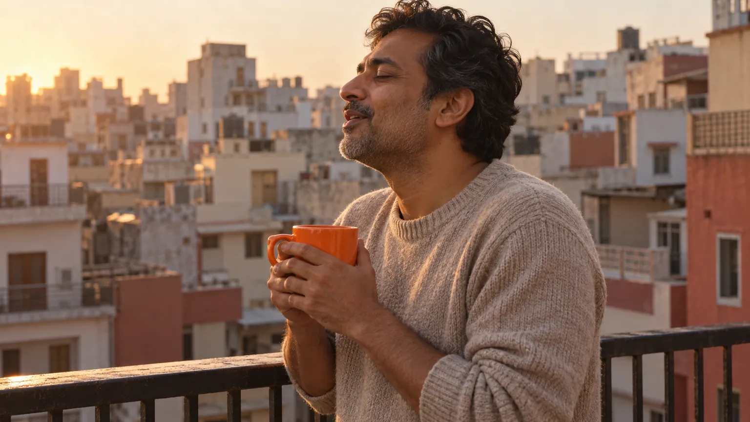 A man in his late forties stands on a small apartment balcony at sunrise, eyes closed and humming, holding an orange mug in both hands.
