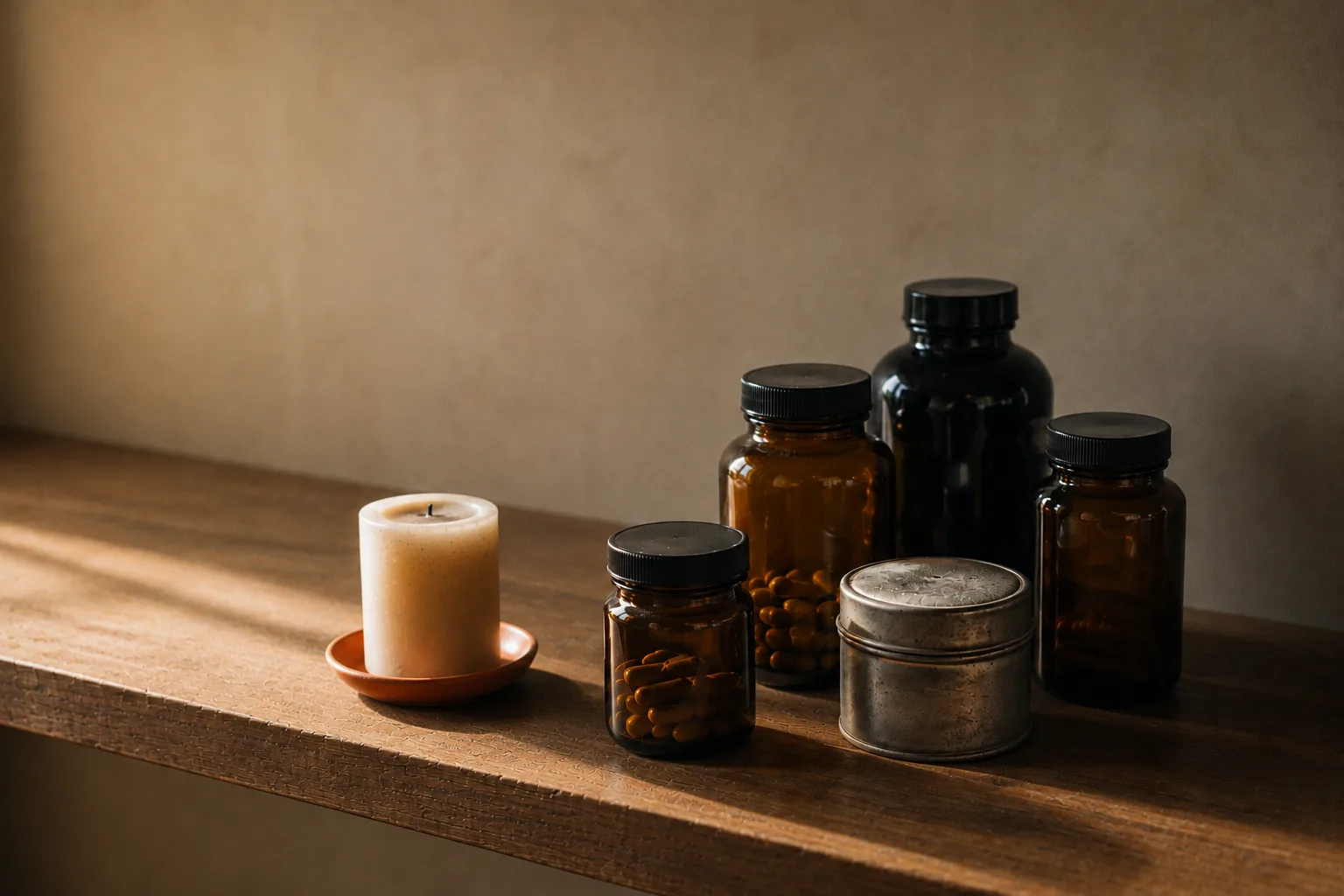 A bathroom shelf holding several half-used supplement bottles and a mug of tea in soft morning light, tidy but well-worn