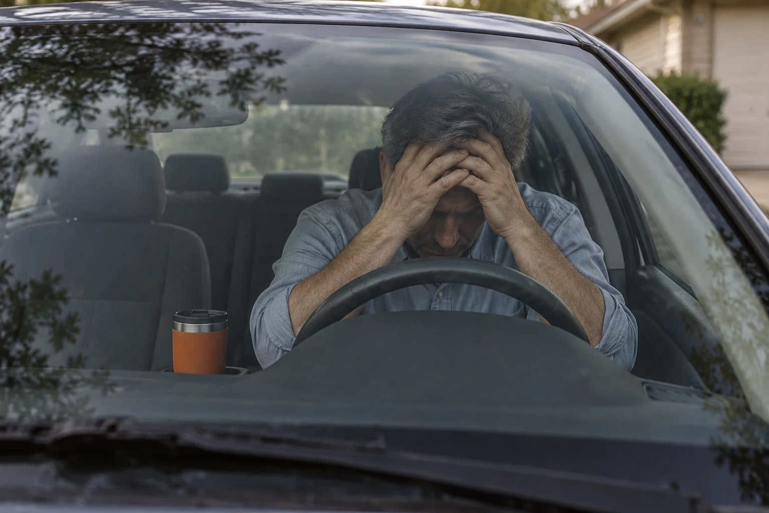 A tired driver sitting in a parked car, head in his hands, seen through the windshield.