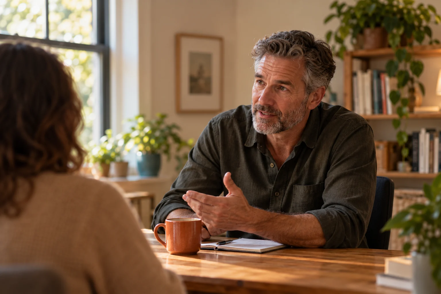 A naturopathic practitioner reviewing a patient's chart in a calm, warm-lit consultation room, lab results and notes on the desk.