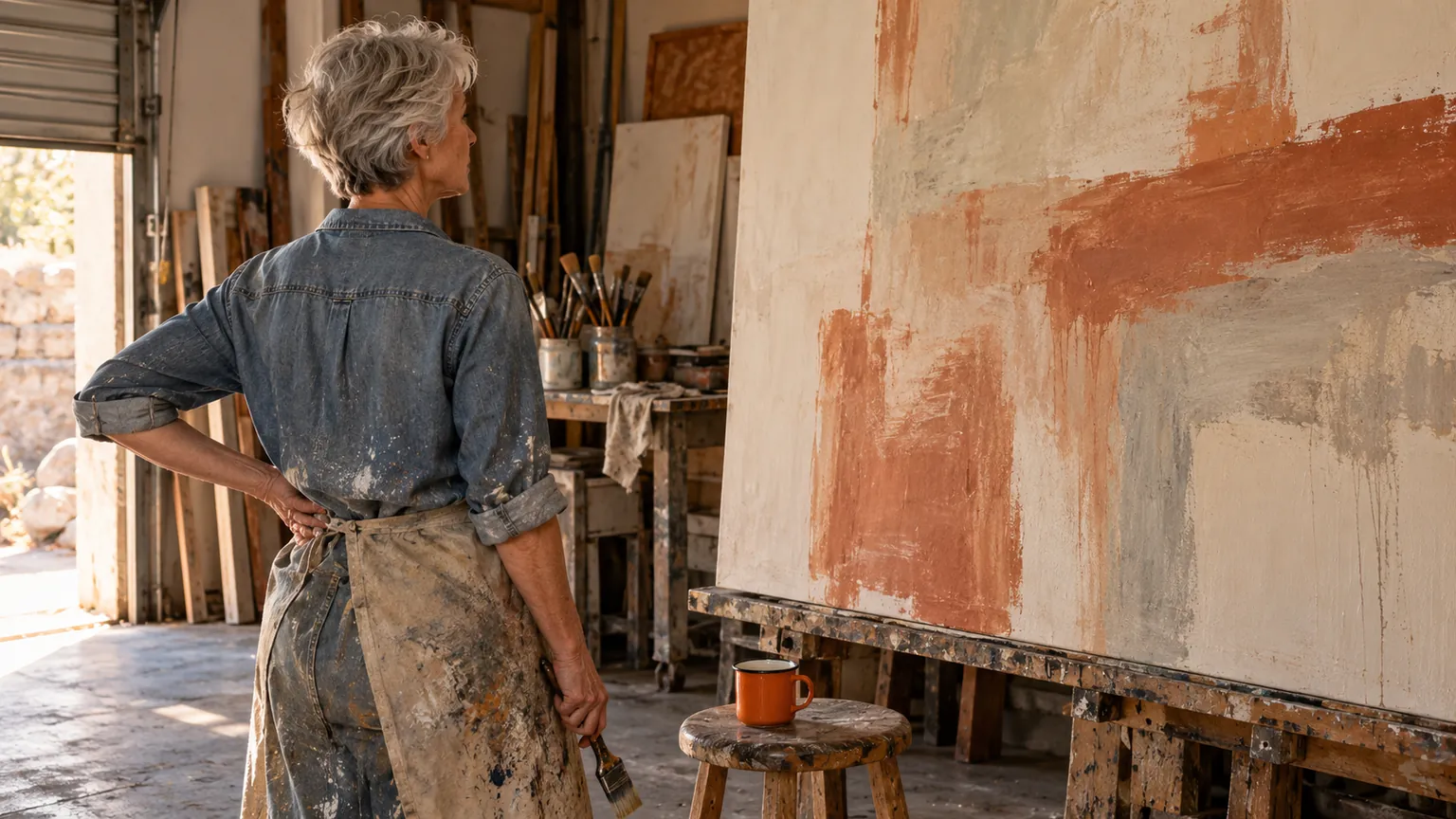 A woman in her mid-fifties with cropped silver hair, seen from behind in a paint-splattered apron, studies a large abstract painting in warm terracotta tones in a sunlit garage studio.